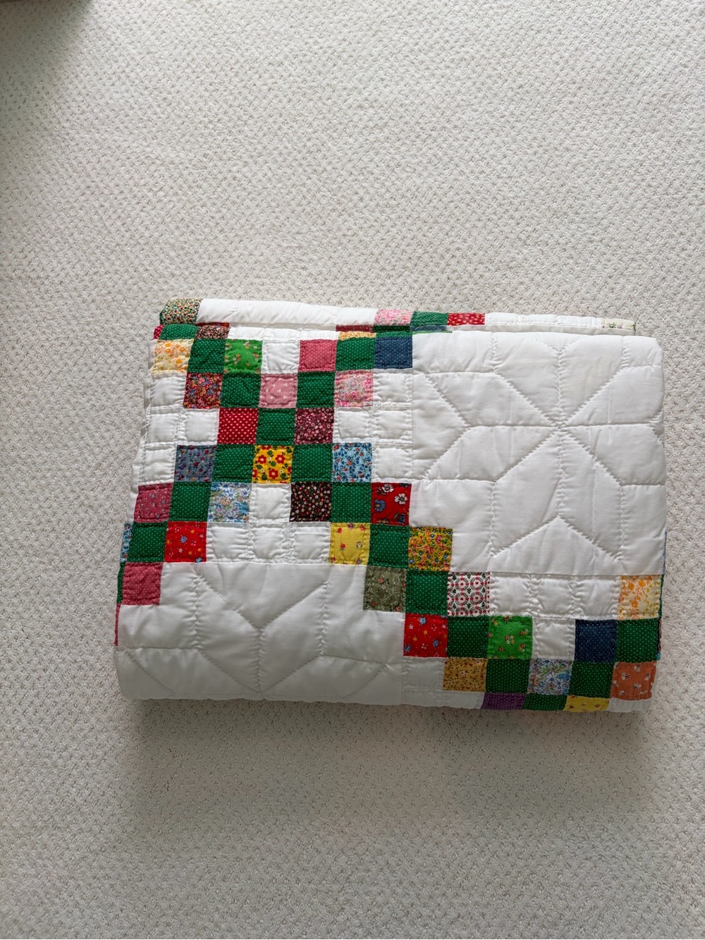 Handmade White Patchwork Quilt with Multi-Color Squares Irish Chain Vintage